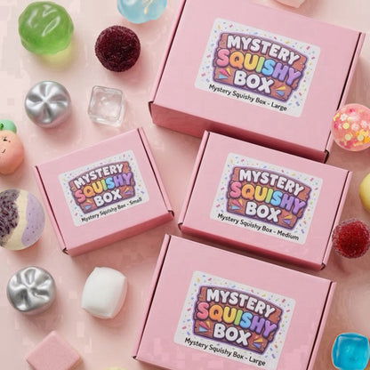 SQUU Mystery Squishy Box with randomly selected sensory squishies in small, medium, and large sizes, featuring soft, creamy, and textured styles.