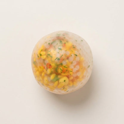 Gel based Handmade egg and green onion fried rice squishy stress ball with gel filling, artificial rice grains, and realistic food-inspired details.