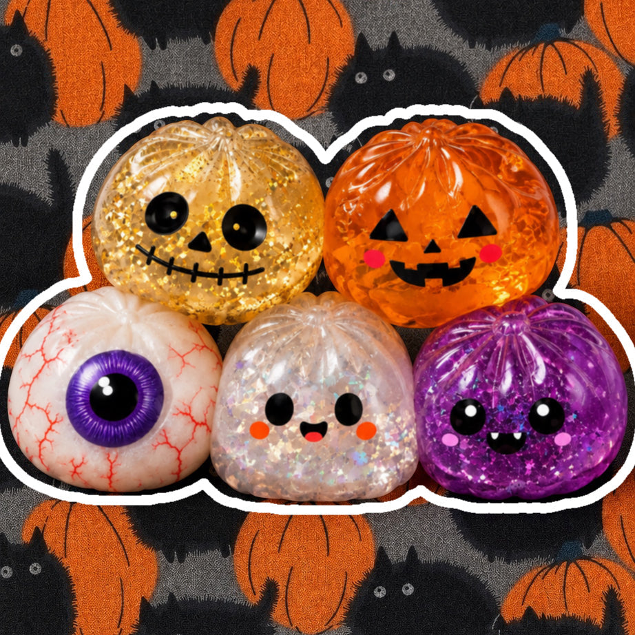 Five Halloween mystery dumpling squishies: golden skull, pumpkin jack, spooky eyeball, happy ghost, purple fang