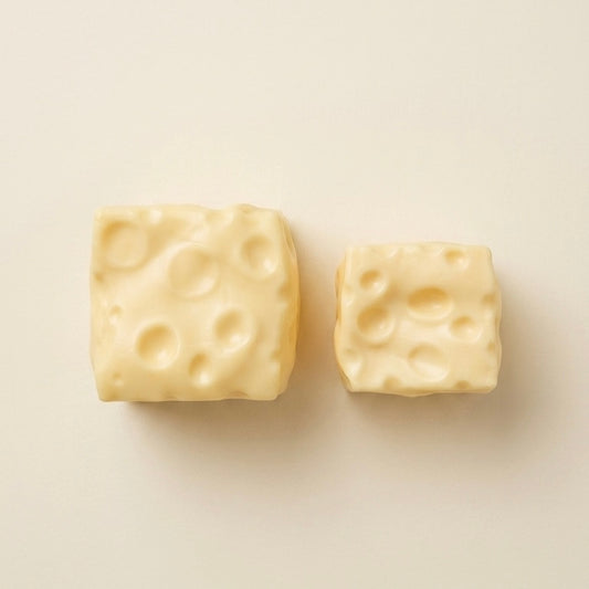 Jumbo and baby cheese squishy stress ball sensory toys shown side by side for size comparison on an off-white background.