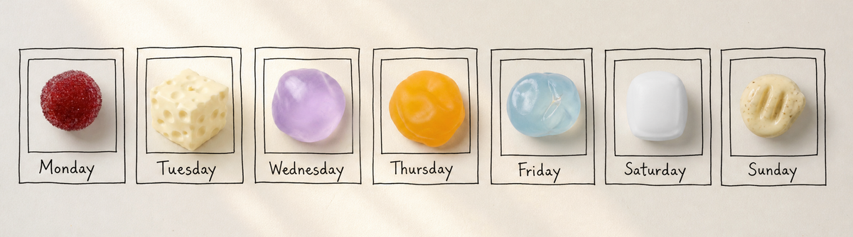 A weekly planner or calendar page featuring seven small square boxes labeled Monday through Sunday, each containing a different colored stone or bead (red, cream, purple, orange, blue, white, and beige) on a light beige background with the text 'SQU U' centered above.